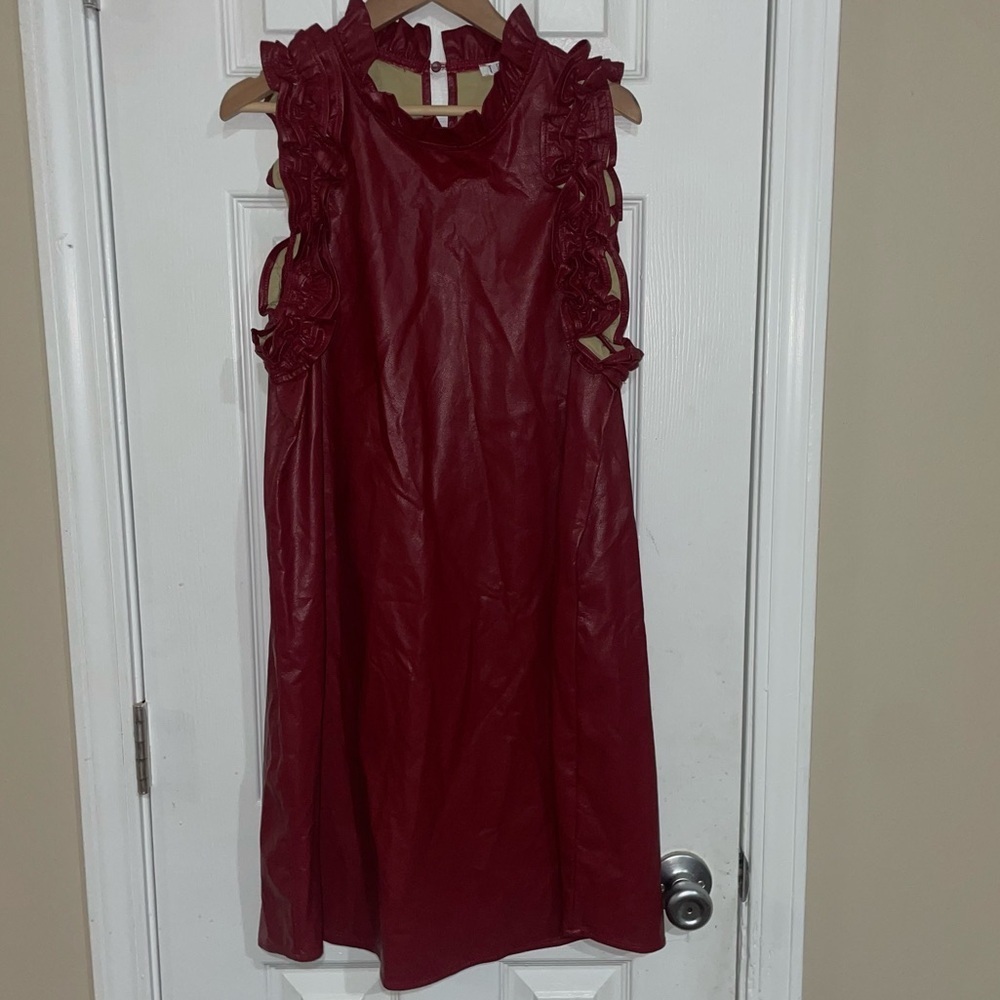 TCEC Faux Red Leather Sleeveless Ruffle Dress Size Mediumโ